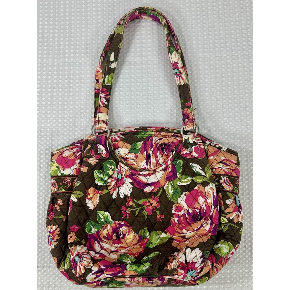 Vera Bradley Flower Shower Quilted Tote Brown Pink Floral Retired Shoulder Bag
